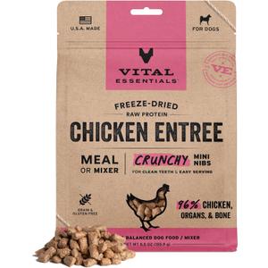 Vital Essentials Freeze Dried Dog Food, Chicken Mini Nibs, 5.5 oz Bag | Crunchy, Complete Meal or Topper, Made With 96% Chicken, Organs & Bone, High Protein Raw Nutrition, Grain-Free Recipe (EXP 11/30/26)