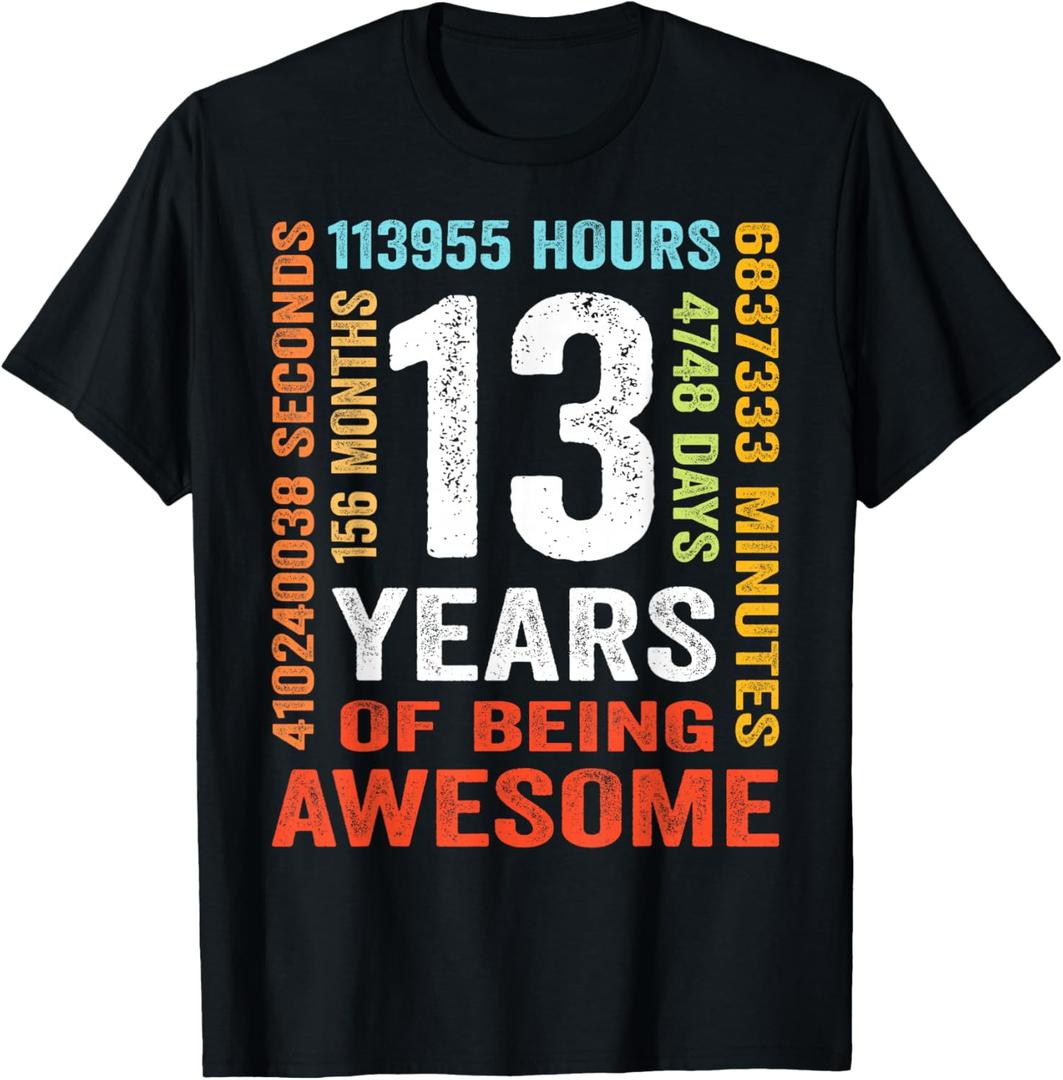 13 Years Old 13th Birthday Gift Vintage 156 Months Boy Girl T-Shirt, M