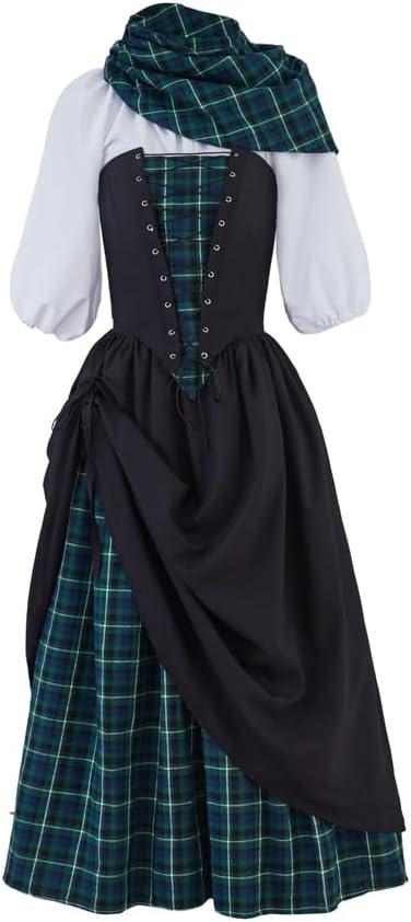 Saniplaycos Traditional Scottish Plaid Dress Highland Renaissance Costume Reenactment Christmas Gown Retro Tartan Dress (Small, Black)