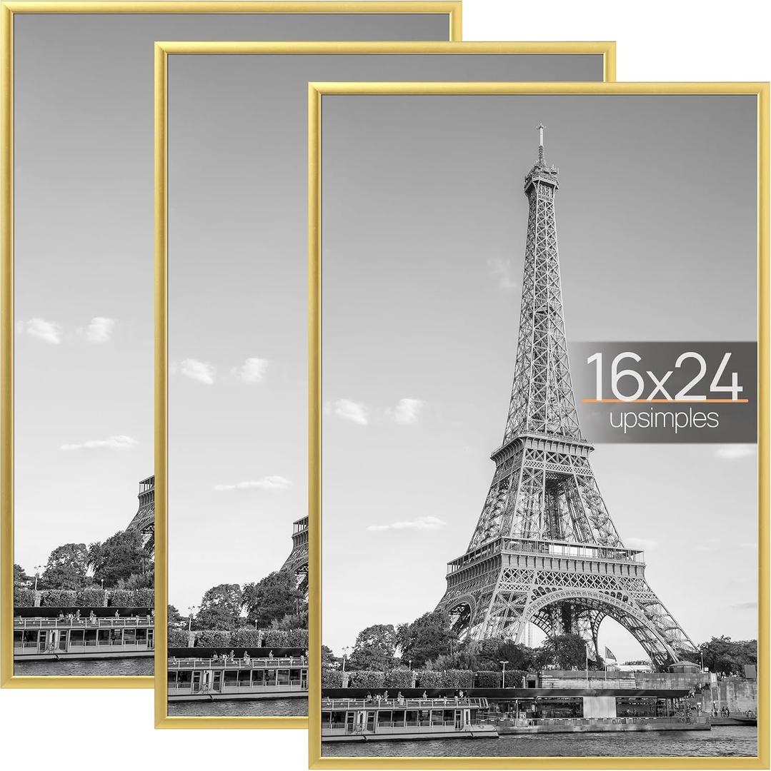 upsimples 16x24 Picture Frame Gold 3 Pack, Scratch-Proof Poster Frames 16 x 24 for Photo Gallery - Slide-In Strips, Horizontal or Vertical Wall Mounting