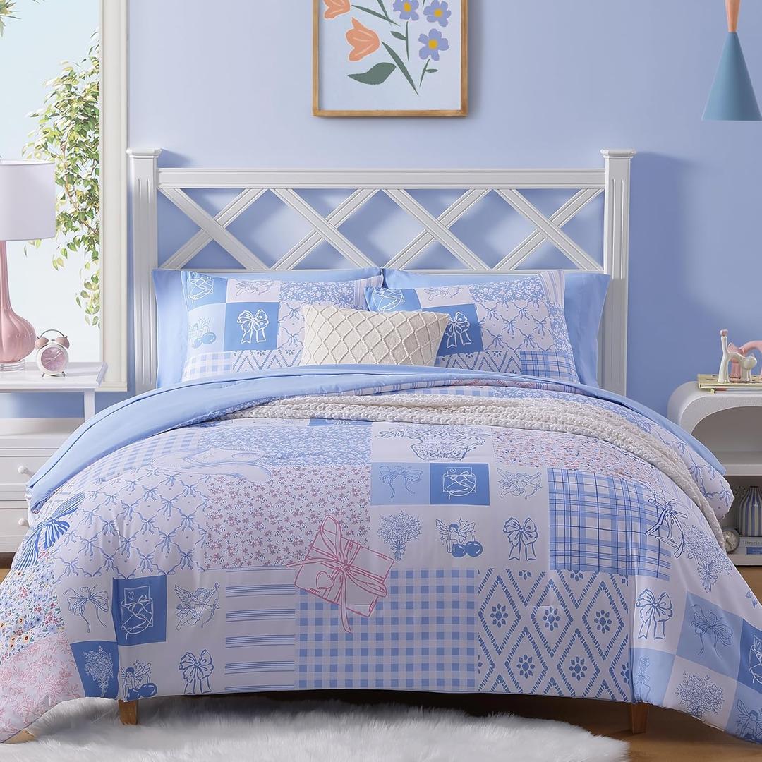 Twin XL Comforter Set for Girls, Cute Blue Bow Bedding 5 Pieces Kids Bed Set, All Season Dorm Bed in a Bag with Sheets, Pillowcase & Sham