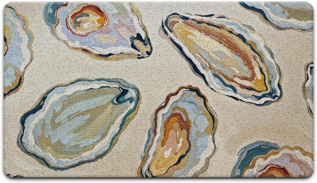 JINYO Coastal Beach Door Mat, Oyster Door Mat Indoor Outdoor Entrance Entryway Porch, Ocean Coastal Nautical Bath Mats for Bathroom, Beachy Welcome Mats, 17x30 Inch