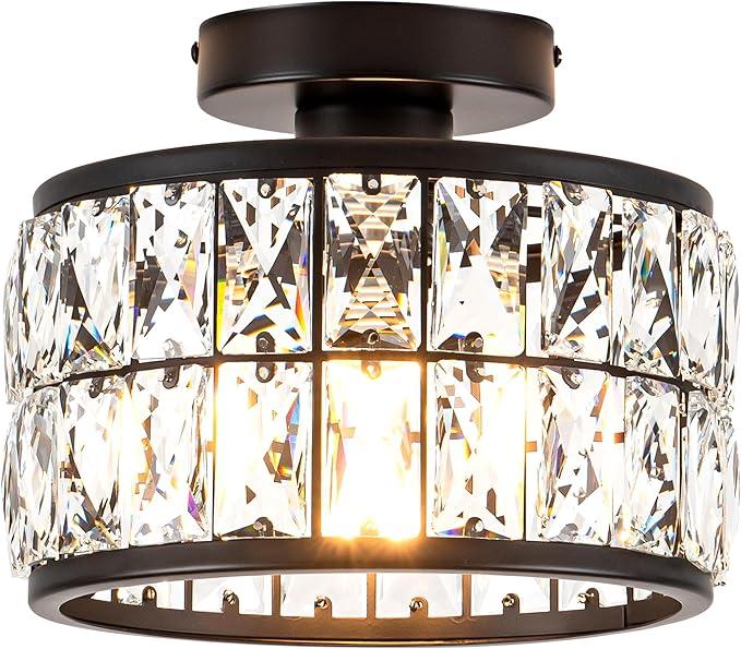 Rpzloila 3Light Crystal Ceiling Light, Modern Semi Flush Mount Ceiling Light, Black Crystal Chandelier for Kitchen Bedroom Bathroom Entryway Hallway