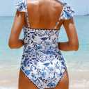 Womens Ruffle One Piece Swimsuits Ruched Tummy Control Bathing Suits Floral Swimwear Blue Floral Large (White, L)