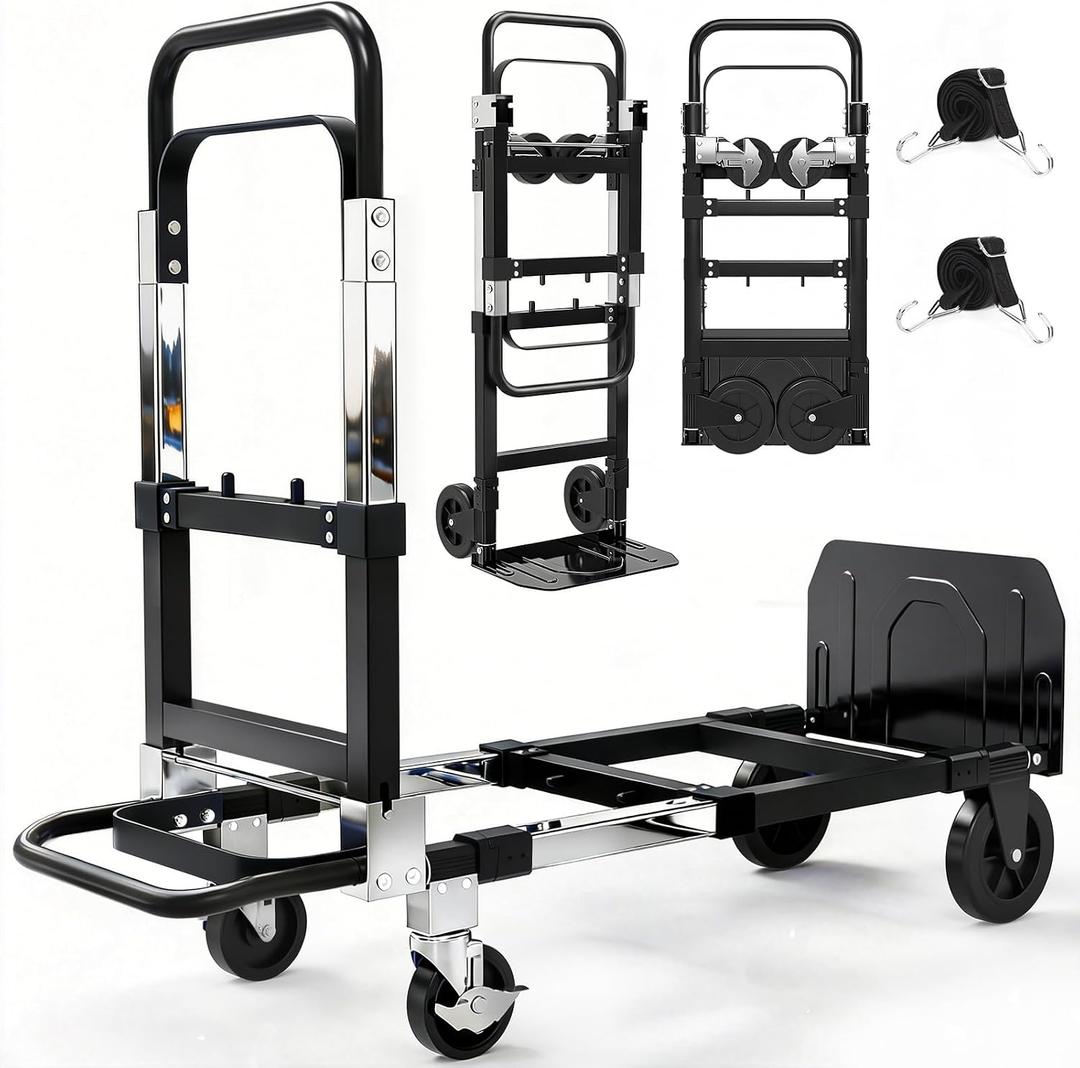 3-in-1 Folding Hand Trucks, 500lbs Convertible Dolly, Dolly Cart with Wheels Heavy Duty, Moving Cart with Retractable Handle, Collapsible Trolley for Moving Office/Home/Warehouse/Boxes/Cartons (Black)