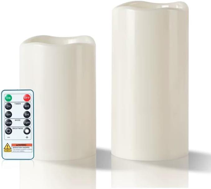 5plots 4"6" 8" Large Outdoor Waterproof Flameless Candles Ivory White with Timer & Remote, Battery Operated LED Flickering Pillar Candles for Patio Porch Halloween Christmas Lantern, Set of 2