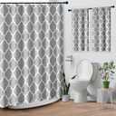 Gray Plaid Quatrefoil Moroccan Waffle Textured Cloth Shower Curtain Set, Grey Checkered Four Leaf Clover Grid Bathroom Window Waterproof Shower Curtains for Bathroom Decor