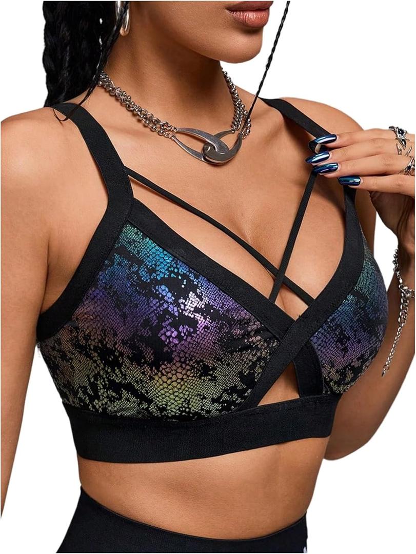 OYOANGLE Women's Metallic Printed Sports Bra Criss Cross Workout Padded Medium Support Running Bras Gym Crop Tops (Black, M)