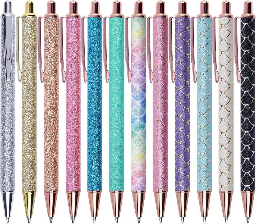 U-RIGHT 12 Pcs Fancy Pens for Journaling, Cute Pens for Women, Retractable Pretty Fun Pens for Nurses Waitress