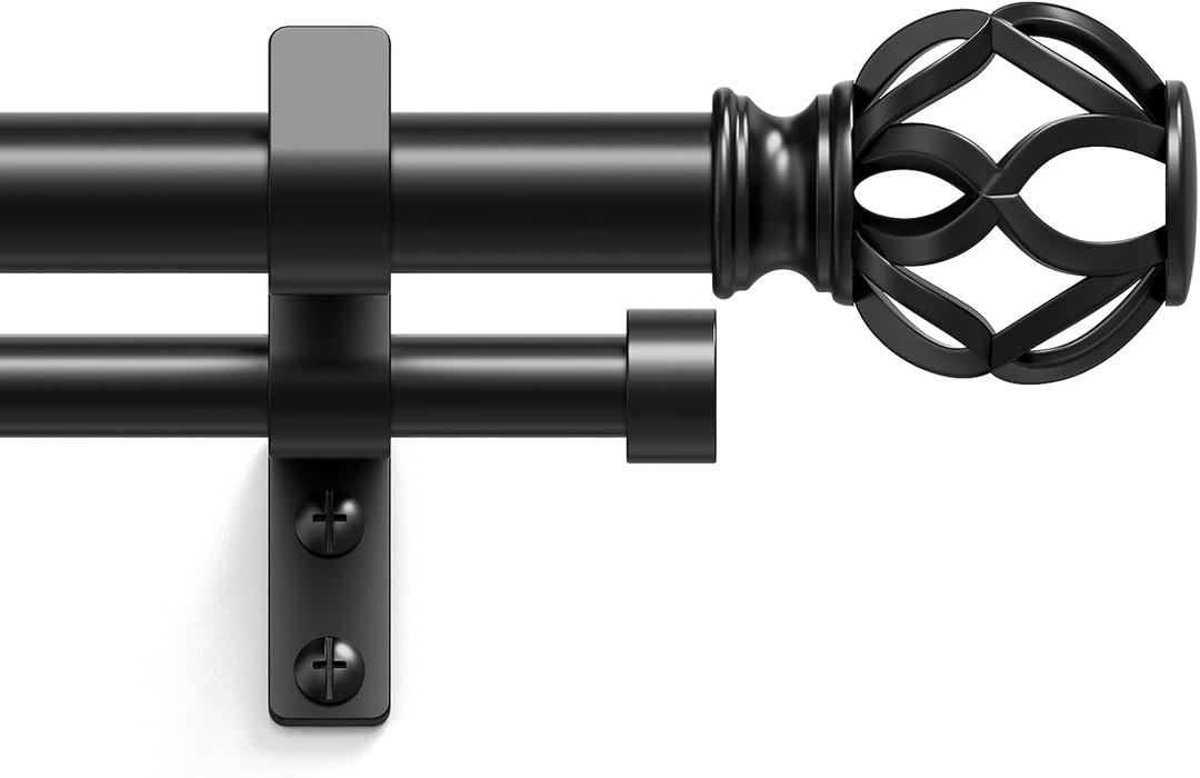 Double Curtain Rod 84 to 120 Inch, Black Long Dual Curtain Rods with Decorative Aluminium Twisted Cage Finial, 1 Inch Adjustable Heavy Duty Telescopic Spliced Window Treatment Rods, All Metal