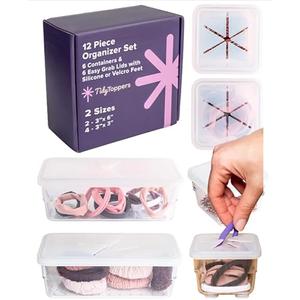 Tidy Toppers - 6 Clear Plastic Drawers Organizer Containers & 6 Matching Easy-Grab Silicone Lids - Keep Your Hair Ties, Desk & Bathroom Accessories Drawer, Vanity, Playroom Storage & More Organized!