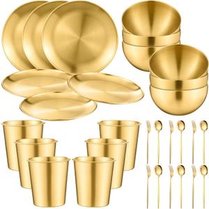 Jinei 30 Pcs 304 Stainless Steel Dinner Set Stainless Steel Plates and Bowls Include Plates Bowls Cups Forks Spoons Utensil Reusable Metal Camping Dinnerware Tableware for Home Picnic Kitchen (Gold)