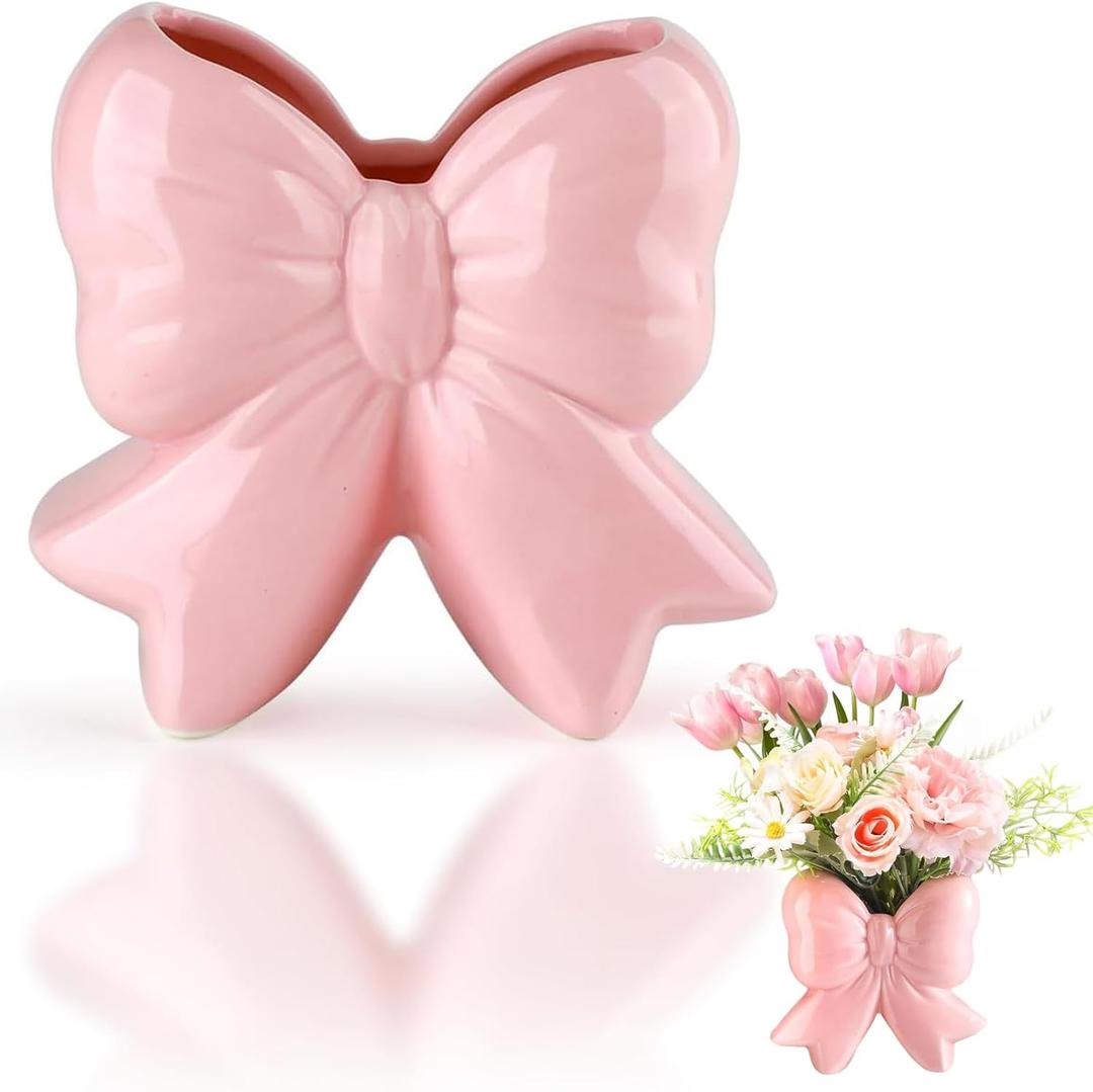 Coquette Aesthetic Bow Vase, Pink Mini Ceramic Vase for Fresh Flowers, Romantic Girly Home Decor for Bedside Table, Coffee Table & Desk (4.9x1.8x4.7)