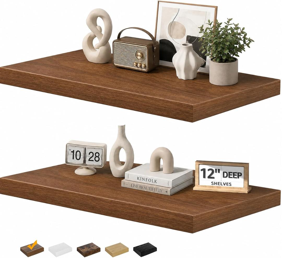 RICHER HOUSE 12" Deep Floating Shelves, 24 Inch Long Rustic Wood Wall Shelf