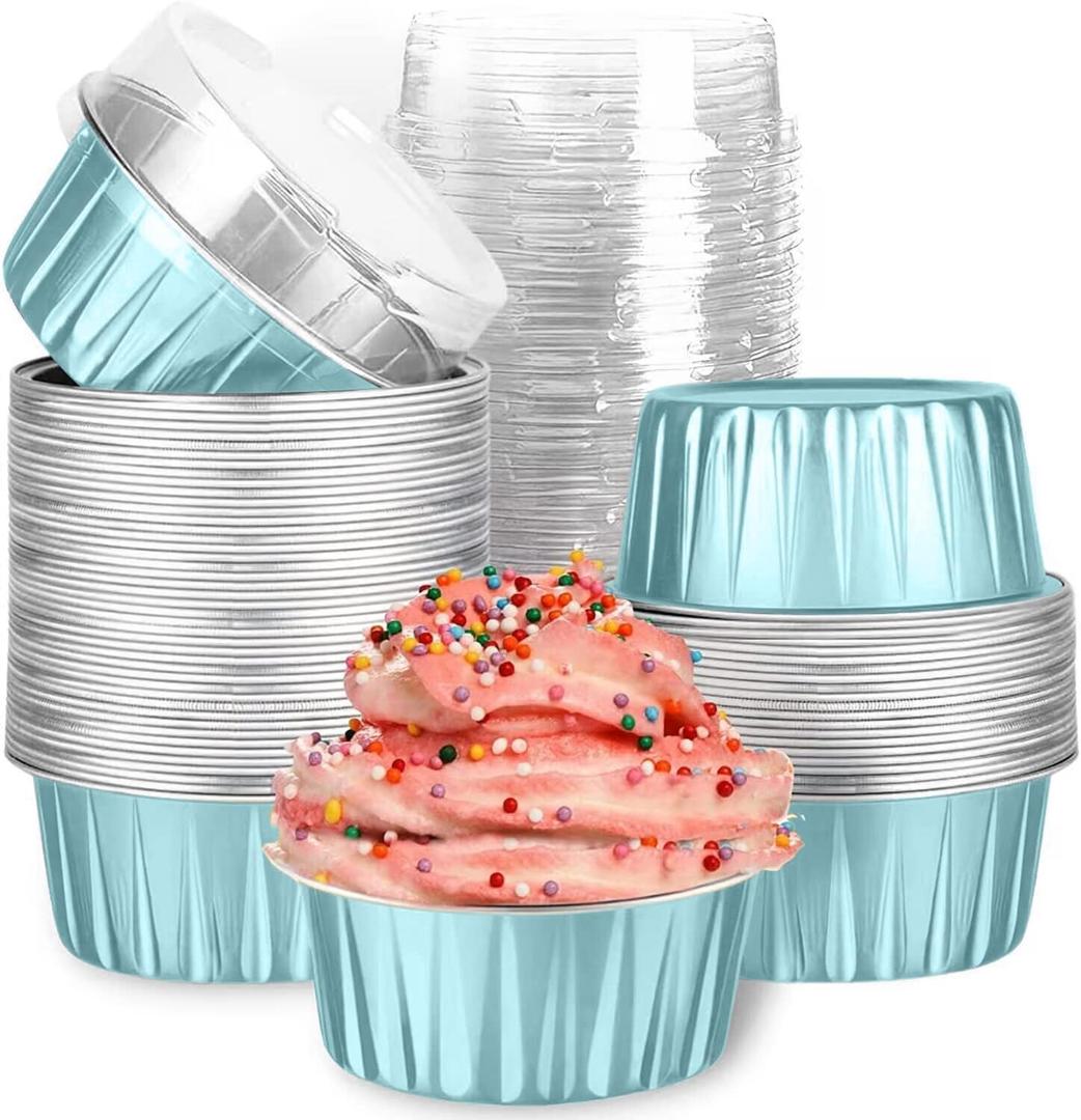Mini Aluminum Foil Cupcake Baking Cups with Lids (40pcs, 5oz) Round Cupcake Foil Liners Tart Pie Tin Pan Holder - Disposable Mini Cake Containers Flan Molds for Pudding, Souffle, Party, Wedding (Blue)