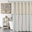 Farmhouse Shower Curtain,Beige and Gray Stripe,Button Curtain,Linen and Cotton Woven Fabric,Rustic Charm Country Chic Style,72x72 in
