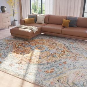 CAPALOCA 9x12 Rug, Washable Vintage Boho Carpet, Non Slip Low Pile Water Repellent Soft Print Pattern Indoor Rug for Living Room & Bedroom, Light Blue Orange CAPALOCA 9x12 Rug, Washable Vintage Boho Carpet, Non Slip Low Pile Water Repellent Soft Print Pattern Indoor Rug for Living Room & Bedroom, Light Blue Orange