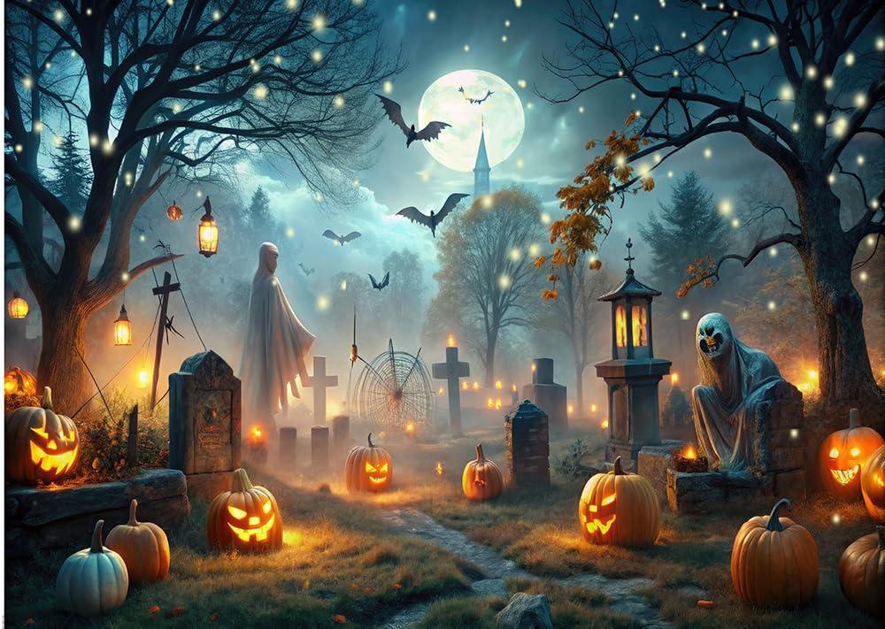 Dudaacvt 7X5FT Halloween Backdrop Horror Moon Night Scary Cemetery Pumpkin Lantern Backdrop for Halloween Kids Adult Family Party Banner