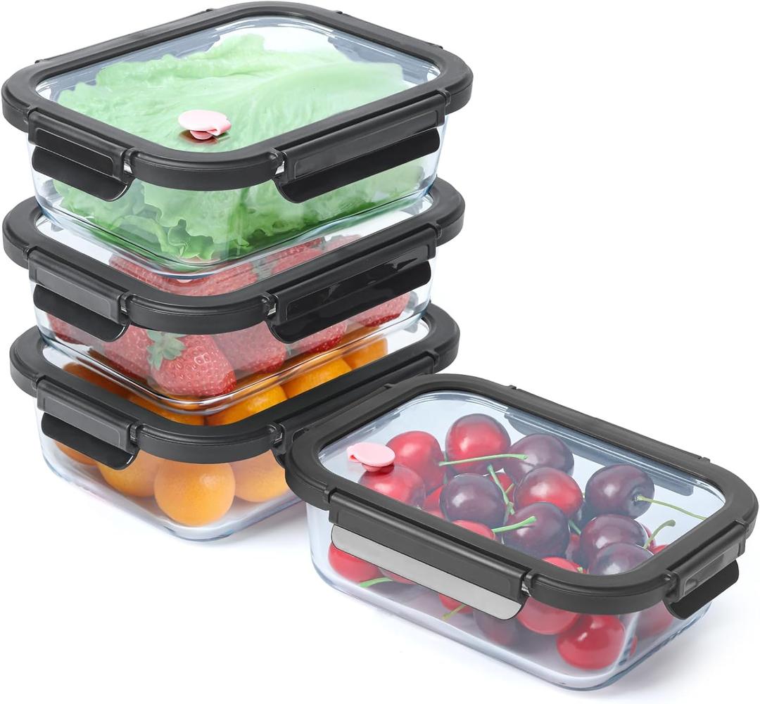 4 Pack Borosilicate Glass Meal Prep Containers, Glass Food Storage Containers with Tempered lids, 35.2oz/4.4 Cup Airtight Leak-Proof Glass Lunch Containers for Microwave Freezer Safe (Black)
