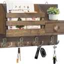 HOMEBROS Key Holder Wall Mount, Wooden Adhesive Mail and Key Organizer with Drawer, Small Shelf, 8 Hooks, 2 Installation Methods, Brown