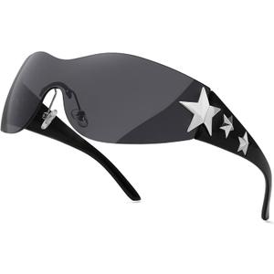 Rimless Y2K Sunglasses Star Wrap Around Glasses 2000S Accessories for Women Men Trendy Fashion Cool Shield Shades (1 Pack, Black/ Black)