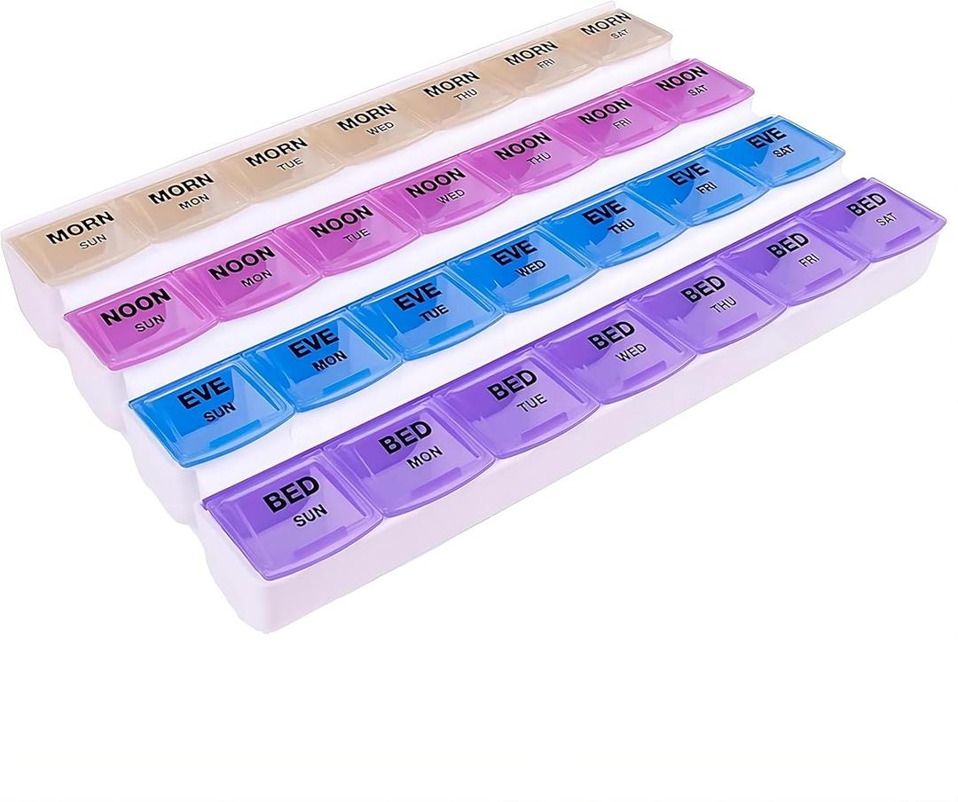 Apex 7-Day Mediplanner Pill Organizer, Weekly Pill Organizer, 4 Times A Day Color-Coded, Easy-Open, See-Through Lids, Organize Medication Or Vitamins by AM, PM, Evening and Bedtime