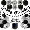 Funeral Birthday Party Decorations Black Gothic Birthday Decorations Old English Happy Birth day Glitter Banner Cake Topper Tissue Pom Poms Black Circle Dot Garland for Men Women