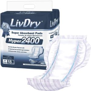 LivDry High Absorbency Pad Insert for Incontinence Briefs and Adult Diapers, Women and Men, Hyper 2400 (18 Count)