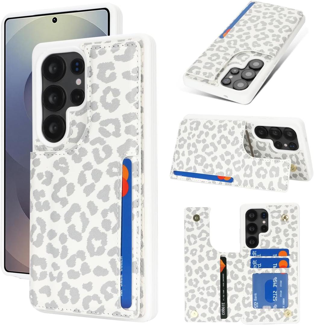 iCoverCase Compatible with Samsung Galaxy S25 Ultra Case with Card Holder, Wallet Case for Women Men [RFID Blocking] PU Leather Protective Phone Case for S25 Ultra (Gray Leopard)