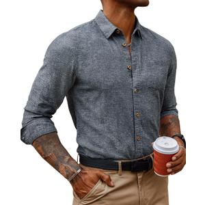 PJ PAUL JONES Mens Linen Shirts Long Sleeve Button Down Shirt Casual Fitted Shirt Fashion Men Clothing Navy Blue Shirt M