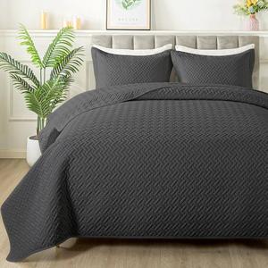 HYLEORY Quilt Set Full/Queen Size - Soft Lightweight Quilts Summer Quilted Bedspreads - Reversible Coverlet Bedding Set for All Season 3 Piece (1 Quilt, 2 Pillow Shams) - Dark Grey