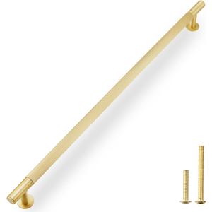 QOGRISUN 1-Pack Solid Brass Appliance Handle Pull, 18 Inch (457mm) Hole Center Grooved Gold Cabinet Pull,Heavy Duty Brushed Brass Drawer Handle for Kitchen Cabinets, Cupboard, Dresser Eleganza