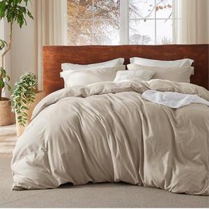 Bedsure 100% Washed Cotton Duvet Cover Oversized King - Beige Minimalist Cotton Duvet Cover Linen Like for All Seasons - GentleSoft™ Plain Simple Bedding, 3 Pieces (Beige, Oversized King, 120"x98")