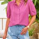 PRETTYGARDEN Women's 2026 Summer Button Down Shirts Short Lantern Sleeve V Neck Cotton Cute Tops Dressy Casual Blouses (M)