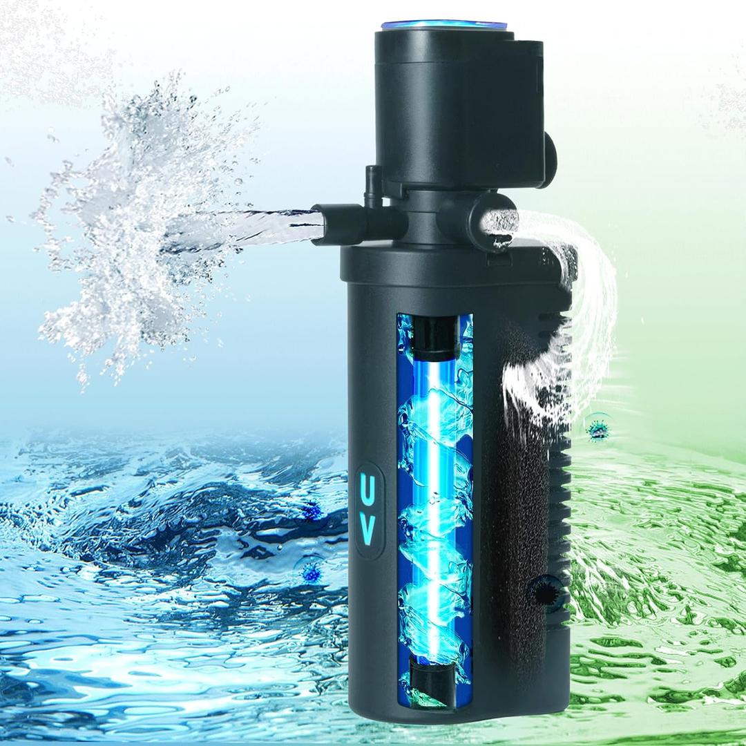 TARARIUM Small Aquarium Filter U-V for 10-45 Gallon Tank, 158GPH Fish Tank Filters for Betta Fish Tank Green Clean Machine, Internal Pump Filter for Turtle Tank Saltwater Freshwater Crystal Clear