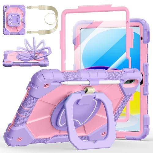 Case for iPad (A16) 11th/10th Generation 11/10.9 Inch 2025/2022, Ubearkk for iPad a16 case with Screen Protector, 360 Degree Rotating Stand Shoulder Strap Pencil Holder, Purple Pink