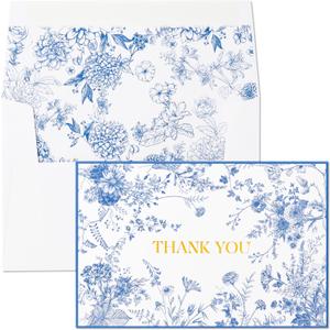 Crisky 50 Pack Blue Floral Thank You Cards Gold Foil Greeting Notes Bulk with Envelopes & Stickers for Birthday, Baby Shower, Bridal Shower, Wedding, Graduation, Business