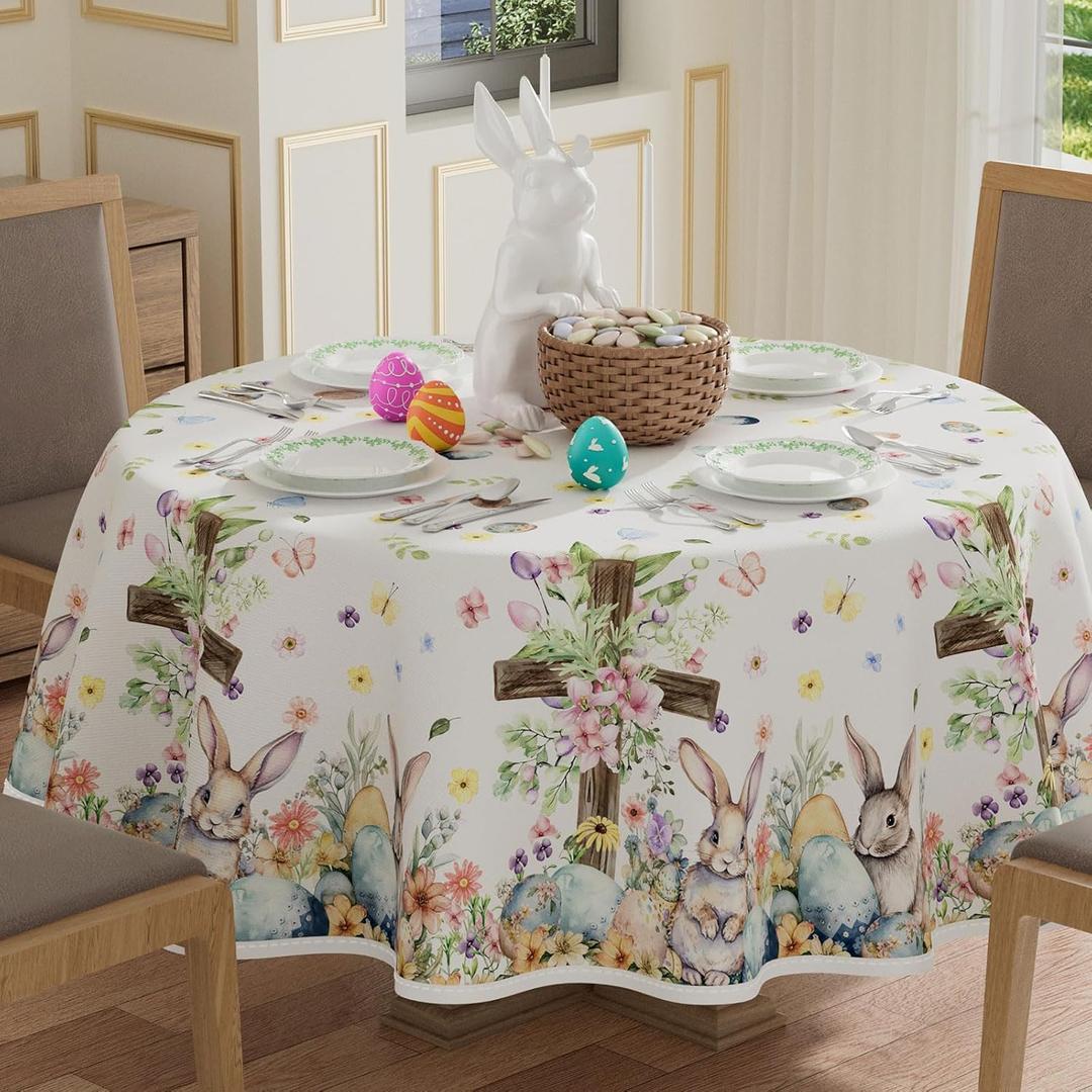 XCHI Bunny Eggs Flowers Cross Rabbit Easter Tablecloth Round Table Cloth Washable Table Covers for Indoor Dining Home Party Decorations 60x60 Inch