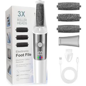 Electric Foot Callus Remover, Rechargeable Electronic Foot File Foot Scrubber Pedicure Kits, Professional Pedicure Tools Smooth Pedicure Wand, Foot Care for Dead Skin Ideal Gift, 3 Rollers,3 Speeds