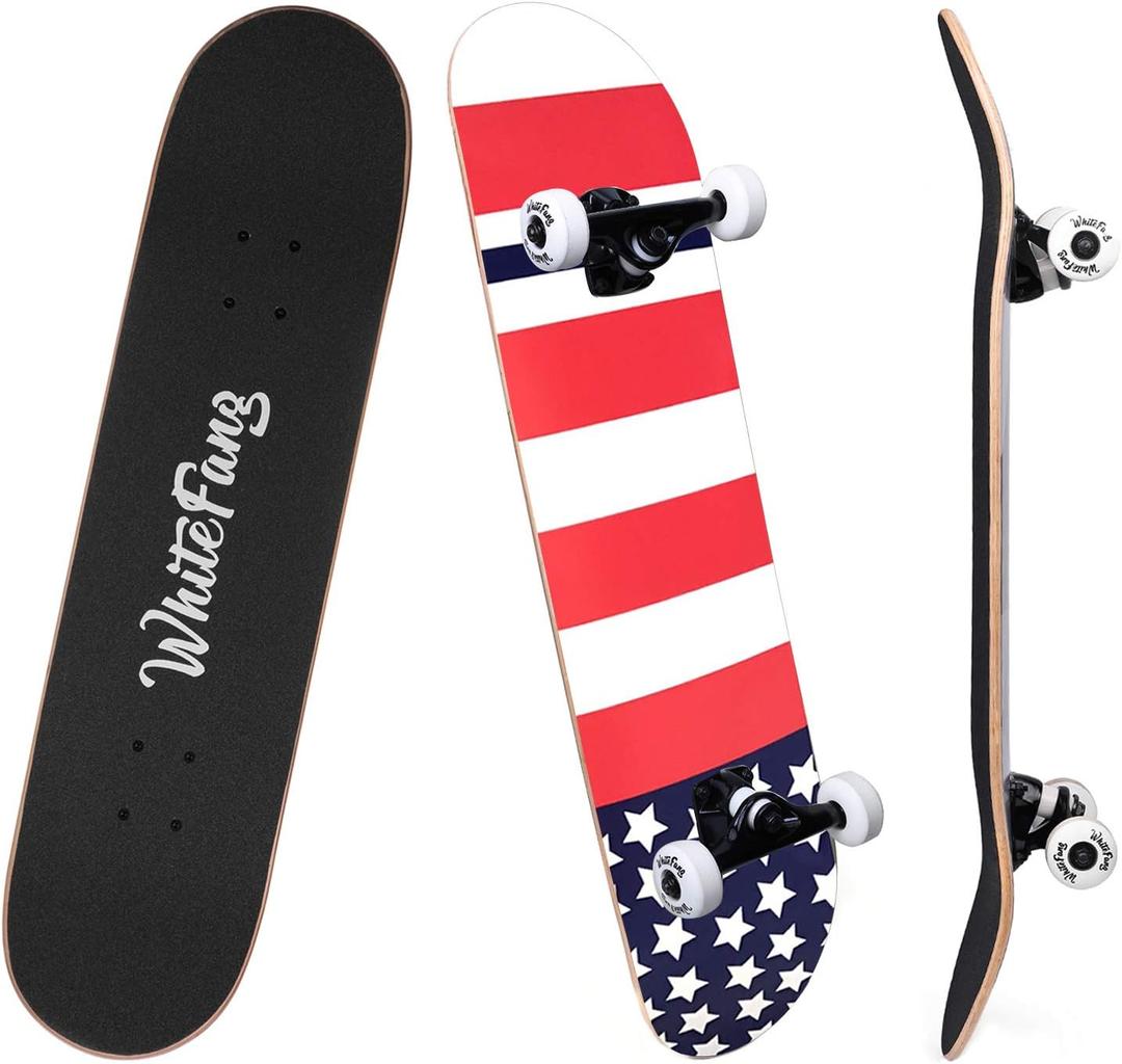 WhiteFang Skateboards for Beginners, Complete Skateboard 31 x 7.88, 7 Layer Canadian Maple Double Kick Concave Standard and Tricks Skateboards for Kids and Beginners, 31.75 inches by 7.88"