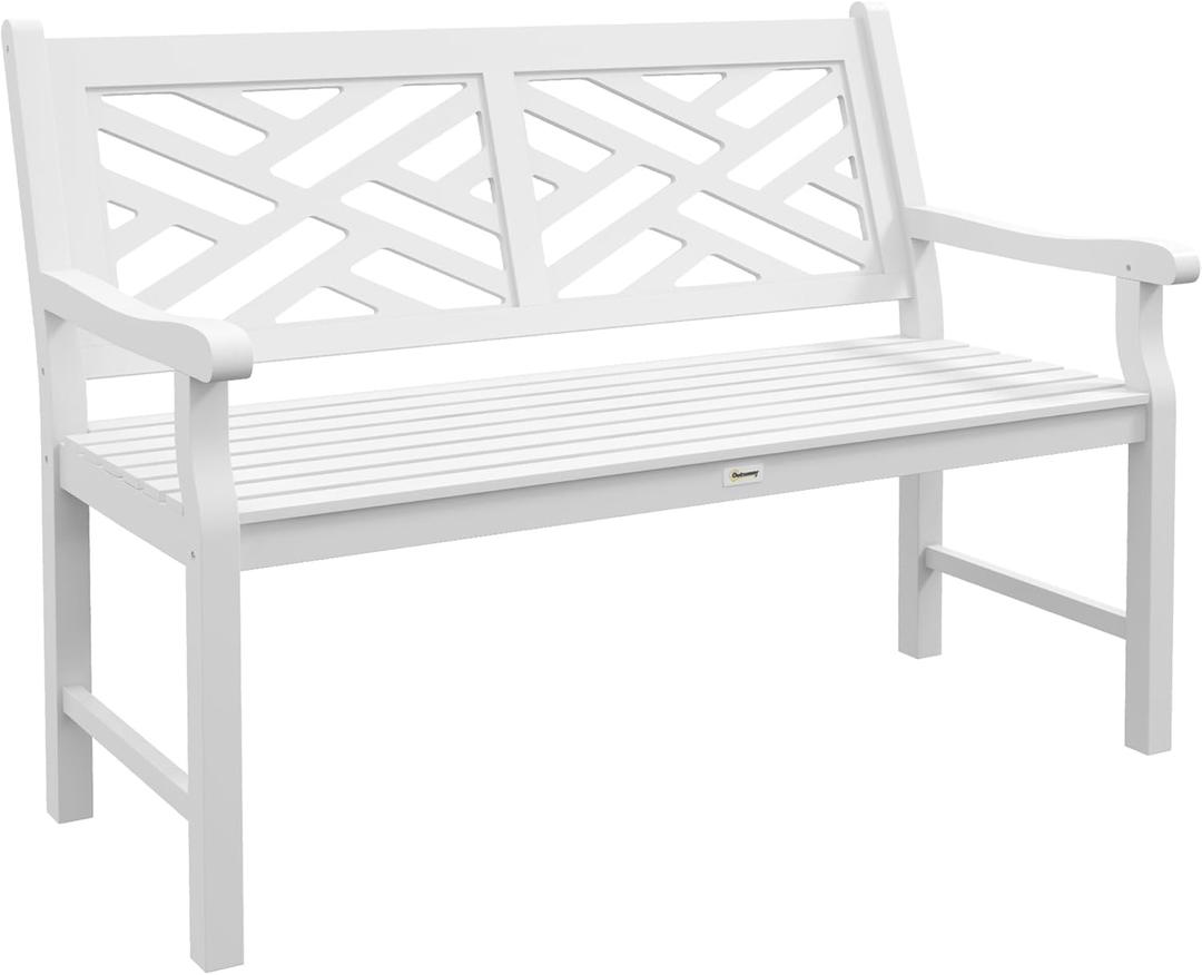 Outsunny Outdoor Garden Bench, Wooden Frame Patio Bench with Geometric Pattern, 43.25 Inch Weatherproof 2-Person Love Seat for Garden, Lawn, Porch, Yard, Work Entryway, White
