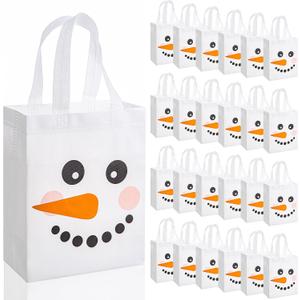Threlaco 30 Pcs Christmas Gift Bags Bulk Reusable Non Woven Snowman Goodie Treat Bags with Handles for Xmas Winter Holiday Party Favors Gifts Wrapping, 10 x 8 x 4 Inch