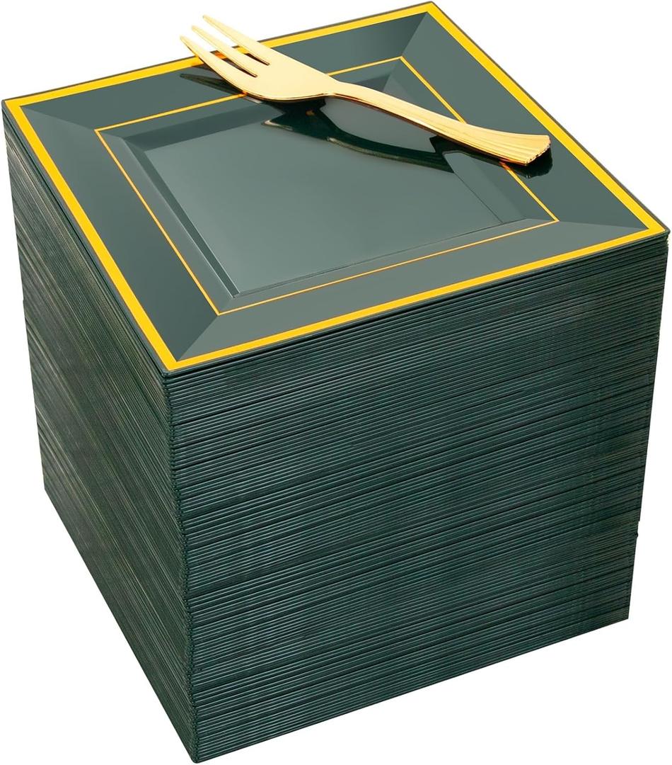 WDF 200PCS Green and Gold Plastic Dessert Plates with Plastic Forks -6 100 Square Disposable Appetizer Plates Small Plates Cake Plates with Gold&100 Green Small Appetizer Forks for Party/Wedding