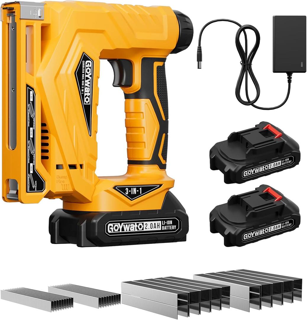 21V Cordless Nail Gun - 18 Gauge 3-in-1 Electric Brad Nailer with 2 x 2.0Ah Batteries & Charger & 1000x18GA Nails & 1000xT50 Staples & 1000x1014J Staples for DIY Home Projects & Wood Working