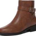 Athlefit Women's Ankle Boots Chunky Low Heel Fashion Round Toe Side Zipper Buckle Booties (8, Brown)