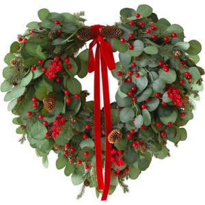 24 inch Christmas Wreath with Lights, Christmas Wreath for Front Door Christmas Door Wreaths with Red Berries Pine Cones Cedar Eucalyptus Leaves Aritificial Wreath for Christmas Indoor Outdoor Decor