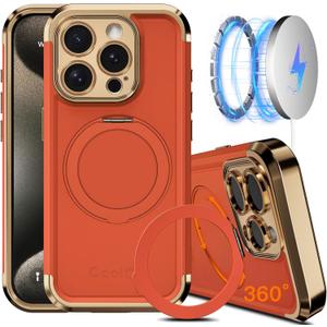 COOLQO for iPhone 14 Pro Case 6.1'' Upgraded 360 Spin Magnetic Stand [Compatible with Magsafe][Military Protection] Shockproof Protective Phone Holder Cover for iPhone 14 Pro, Orange Gold
