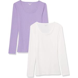 Amazon Essentials Sweater for Women, Long Sleeve Slim-Fit Rib Scoop Neck (Available in Plus Size), Pack of 2 (Large, Lilac/White)