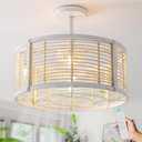 20 Inch Boho Caged Ceiling Fan with Light,White Rattan Ceiling Fan with Light and Remote Control,Coastal Enclosed Fandelier with Reversible 6 Speeds for Bedroom, Dining Room, Living Room, Kitchen
