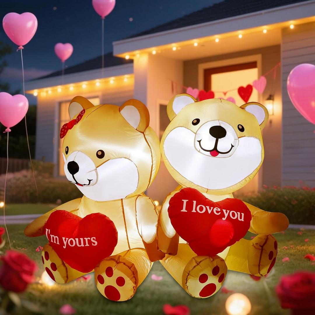 4.6 FT Valentines inflatables Outdoor Decorations, Cute Bear with Build-in LED Lights, Valentines Decor Blow Up Yard Decorations for Wedding Anniversary Propose Marriage Party